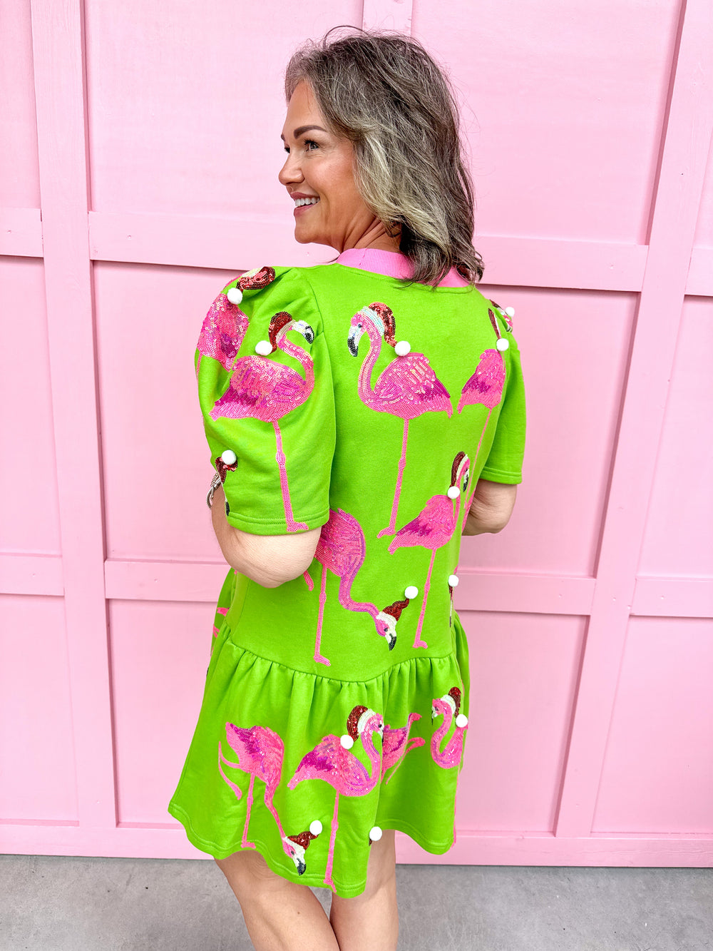 QUEEN OF SPARKLES | Lime Green Flamingos in Santa Hats Dress