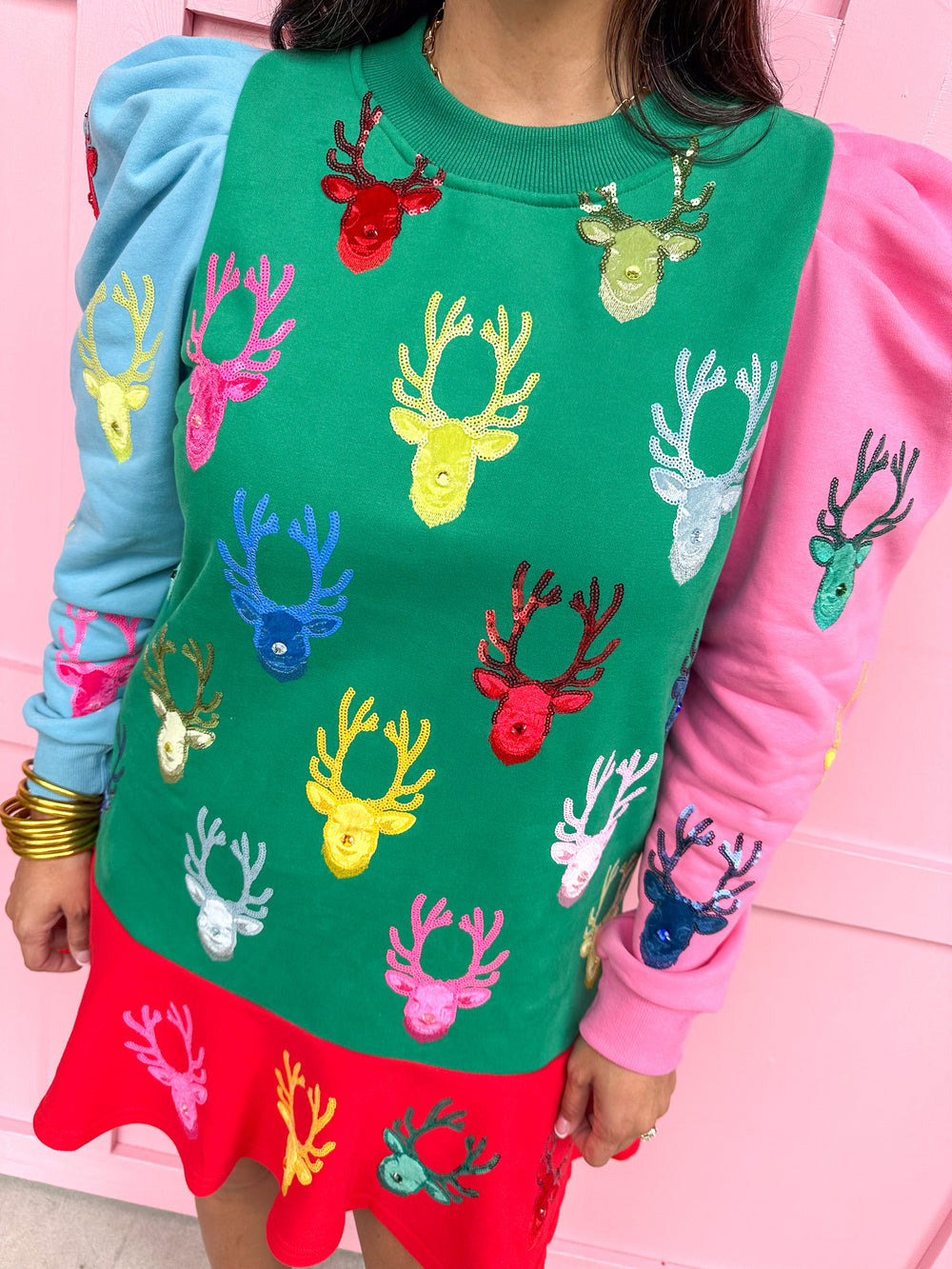 QUEEN OF SPARKLES | Colorblock Dress with Velvet Reindeer Heads