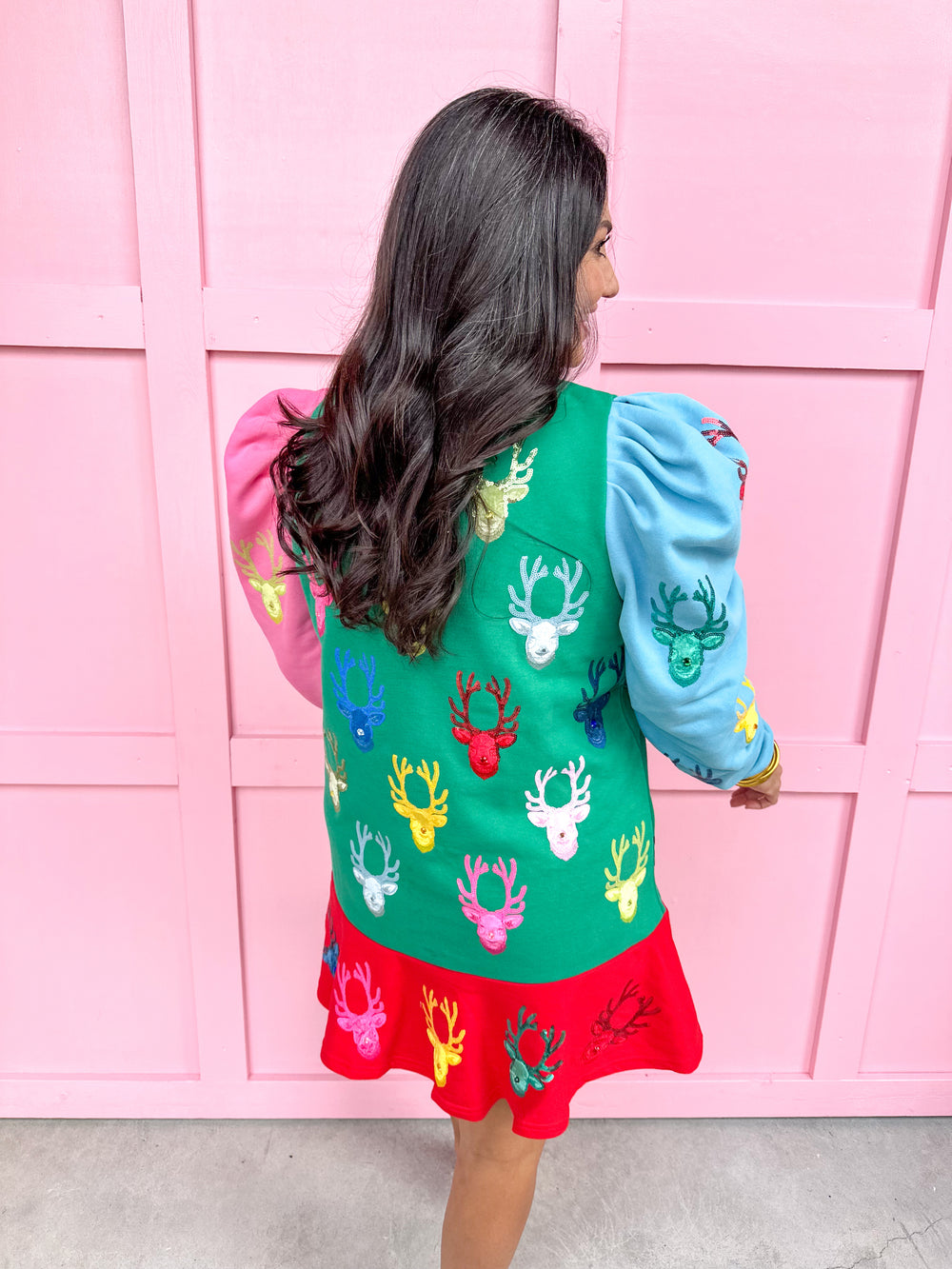 QUEEN OF SPARKLES | Colorblock Dress with Velvet Reindeer Heads