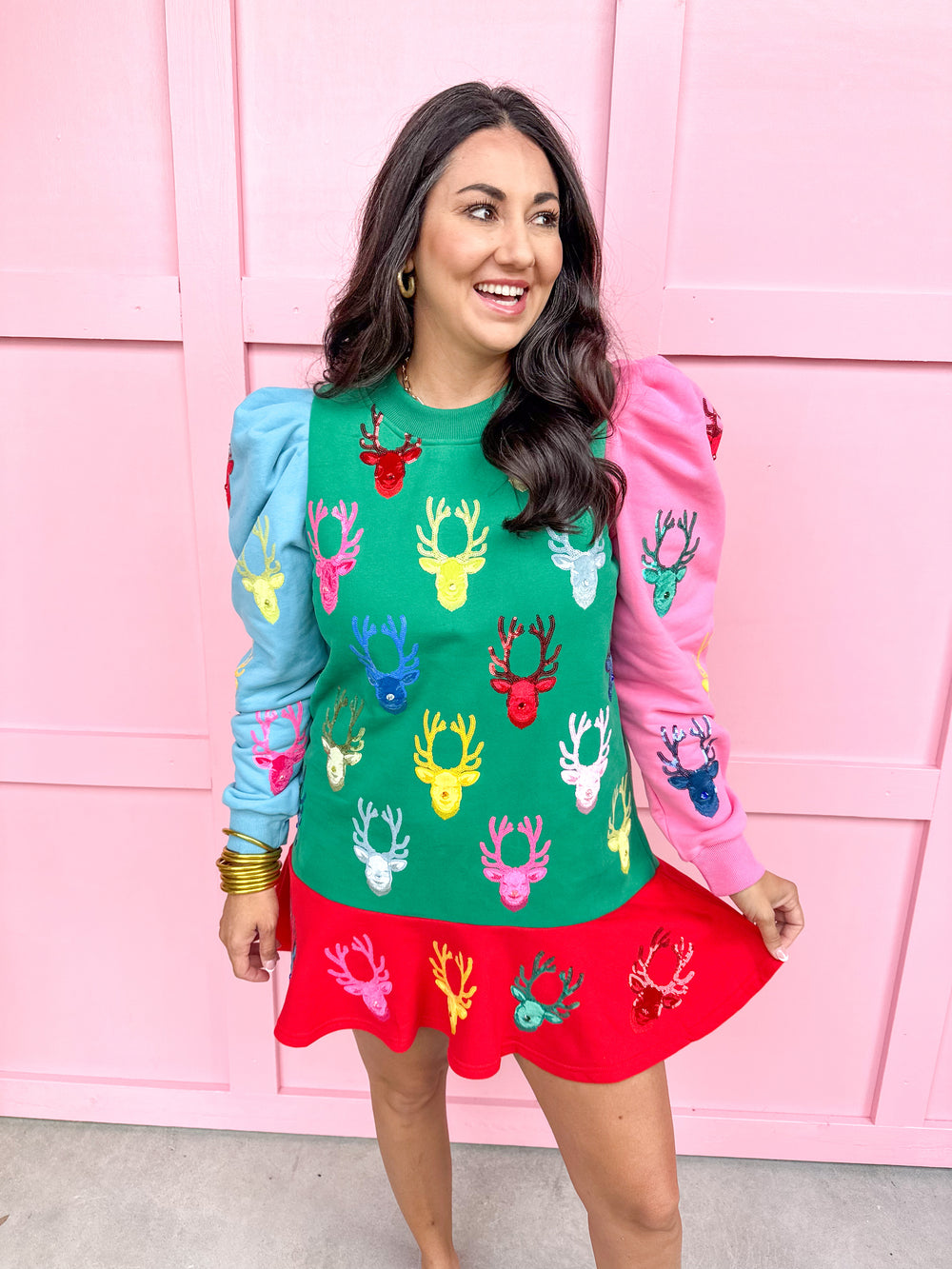 QUEEN OF SPARKLES | Colorblock Dress with Velvet Reindeer Heads