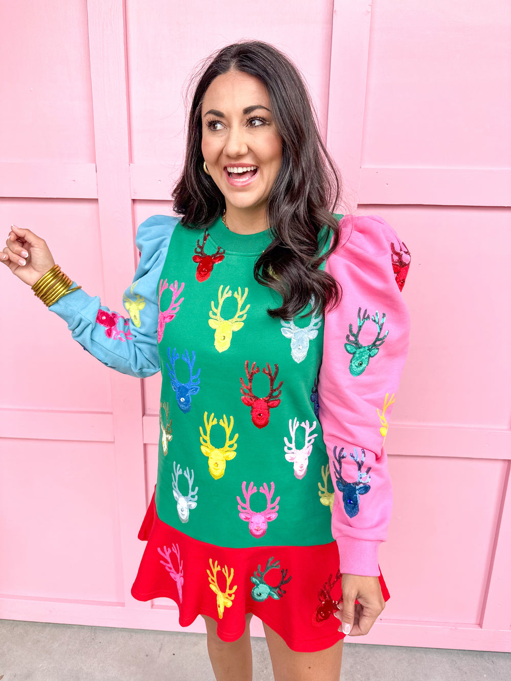 QUEEN OF SPARKLES | Colorblock Dress with Velvet Reindeer Heads