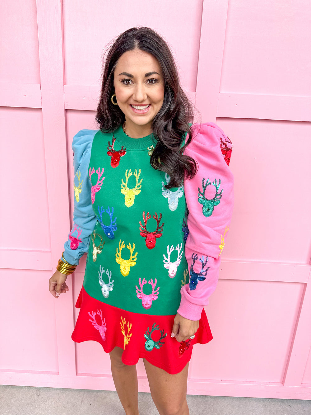 QUEEN OF SPARKLES | Colorblock Dress with Velvet Reindeer Heads