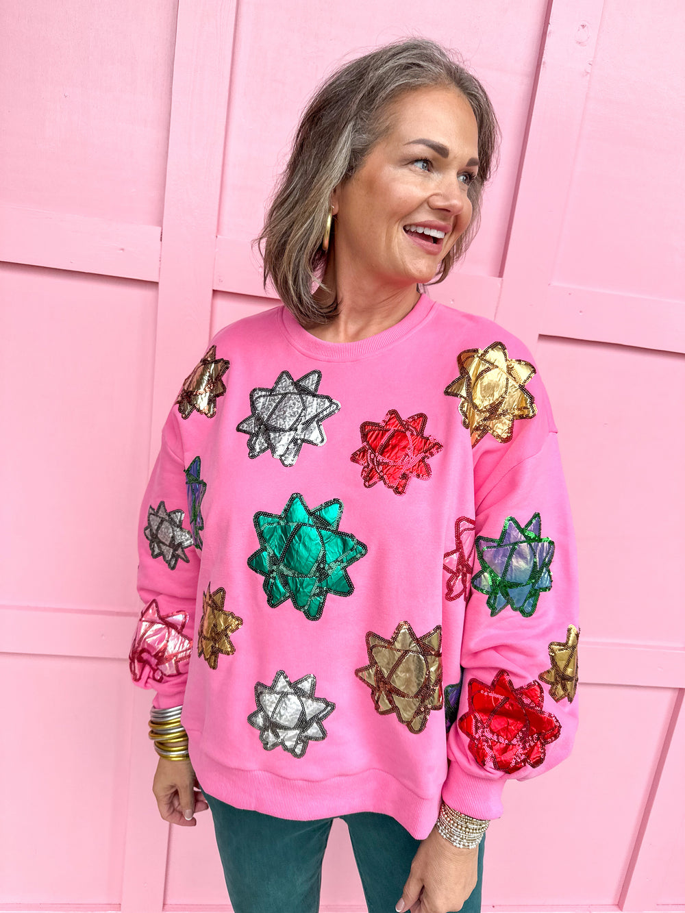 QUEEN OF SPARKLES | Pink Metallic Present Bows Sweatshirt