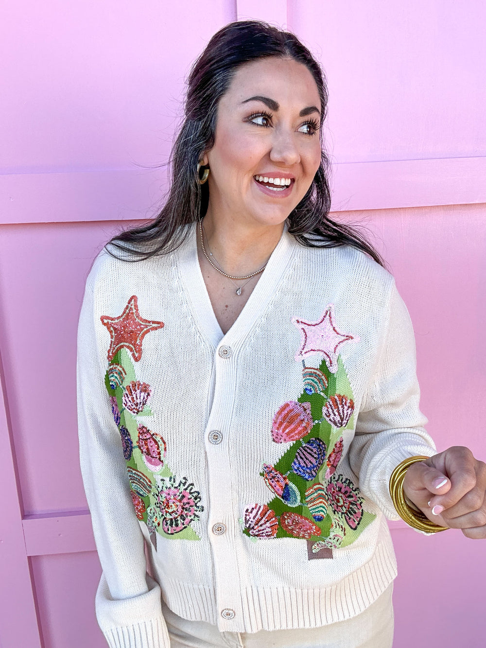 QUEEN OF SPARKLES | Ivory Shell Christmas Tree Cardigan