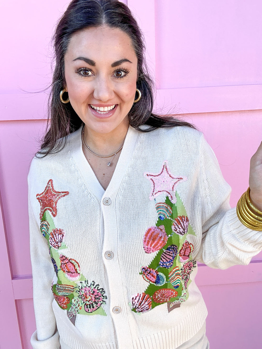 QUEEN OF SPARKLES | Ivory Shell Christmas Tree Cardigan