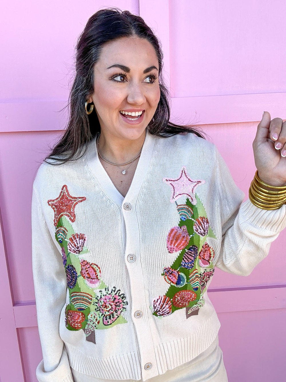 QUEEN OF SPARKLES | Ivory Shell Christmas Tree Cardigan