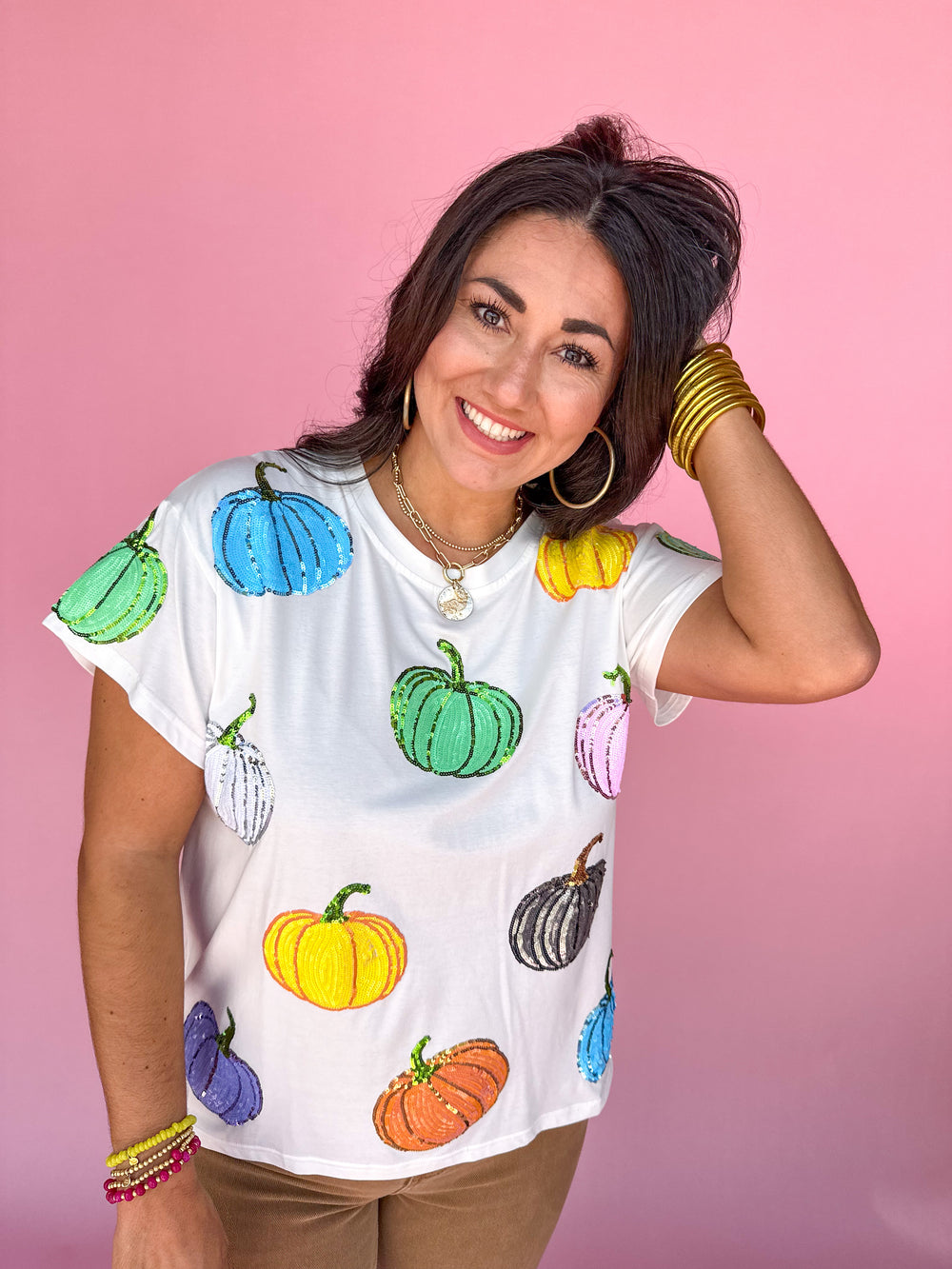 QUEEN OF SPARKLES | White Multi Pumpkin Tee