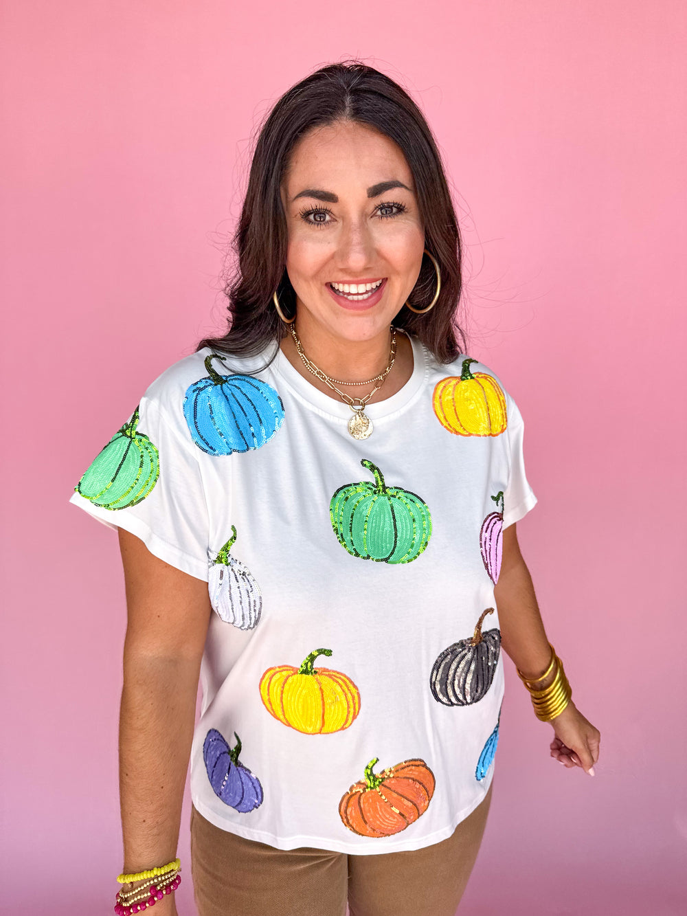 QUEEN OF SPARKLES | White Multi Pumpkin Tee