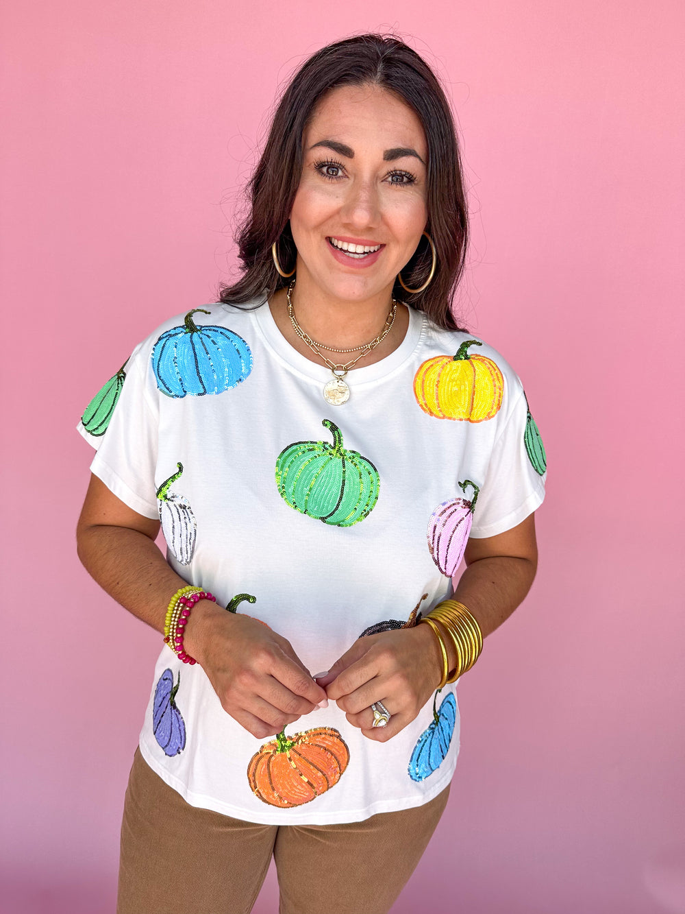 QUEEN OF SPARKLES | White Multi Pumpkin Tee