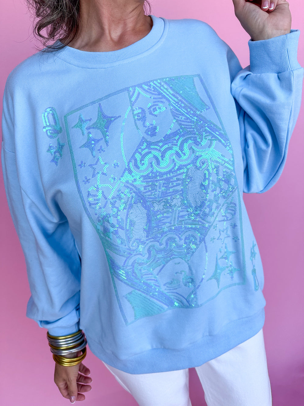 QUEEN OF SPARKLES | Light Blue Tonal QOS Logo Sweatshirt