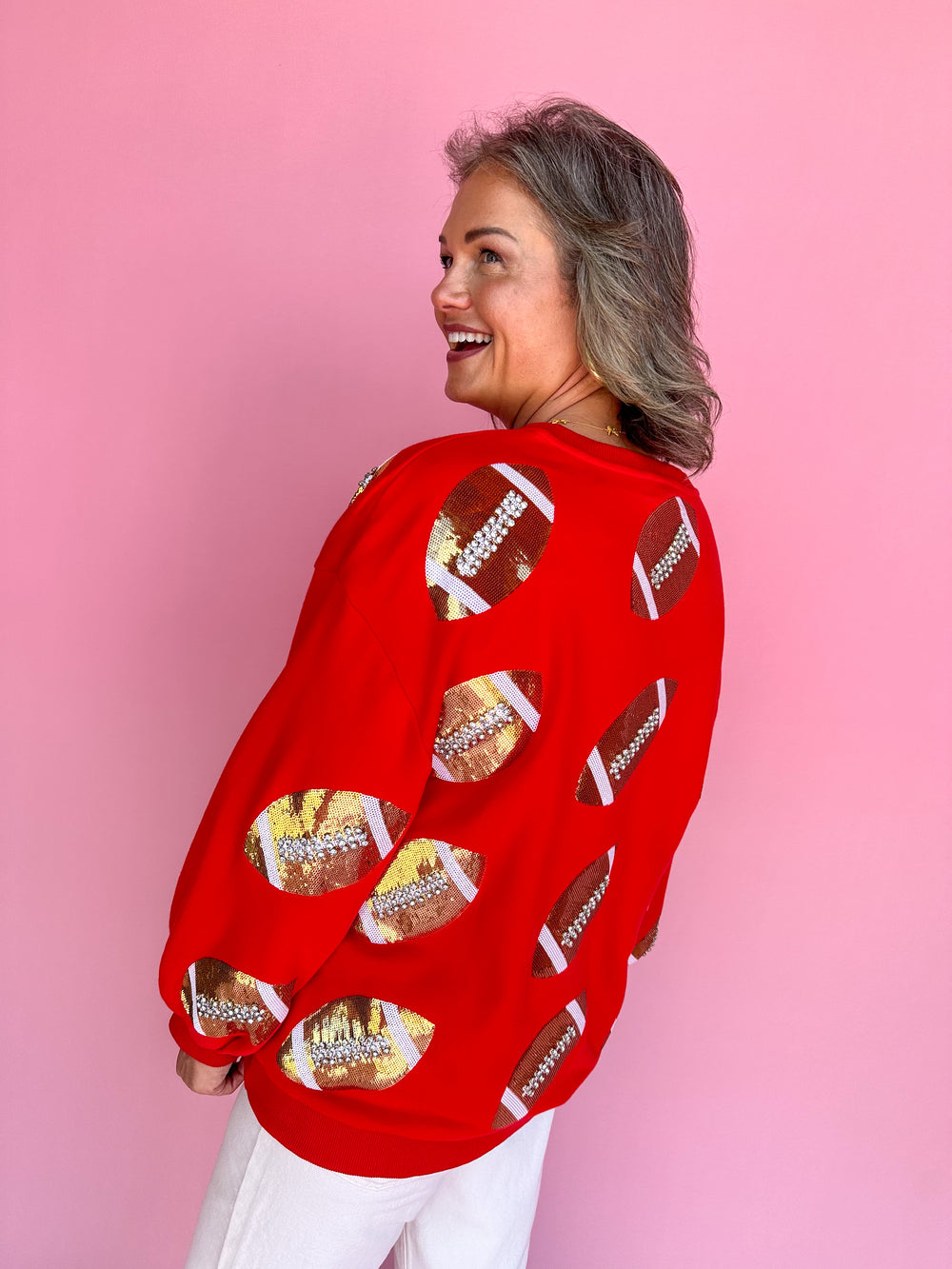 QUEEN OF SPARKLES | Red & Gold Rhinestone Lace Football Sweatshirt