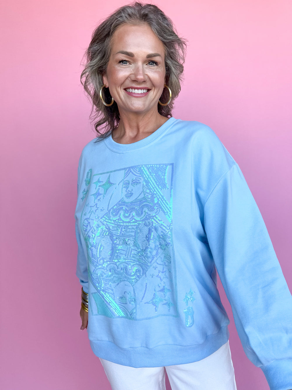 QUEEN OF SPARKLES | Light Blue Tonal QOS Logo Sweatshirt