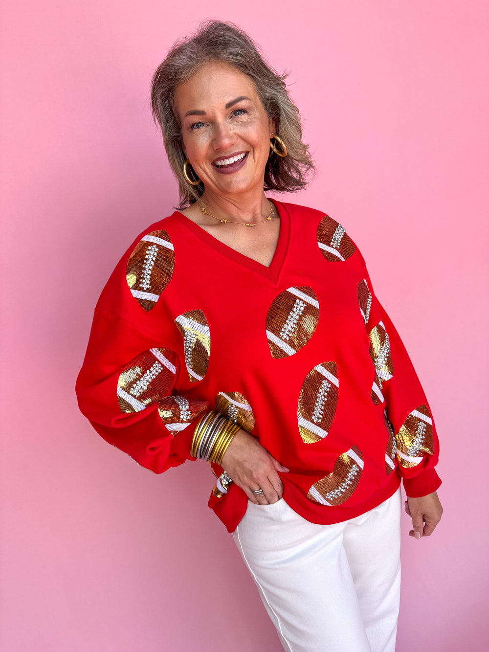 QUEEN OF SPARKLES | Red & Gold Rhinestone Lace Football Sweatshirt