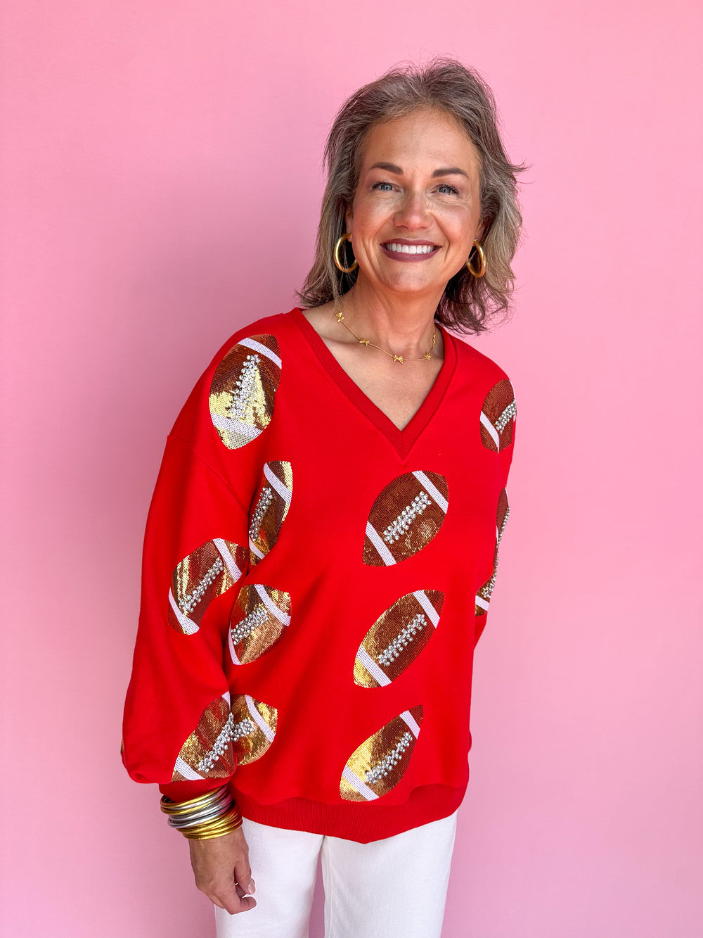 QUEEN OF SPARKLES | Red & Gold Rhinestone Lace Football Sweatshirt