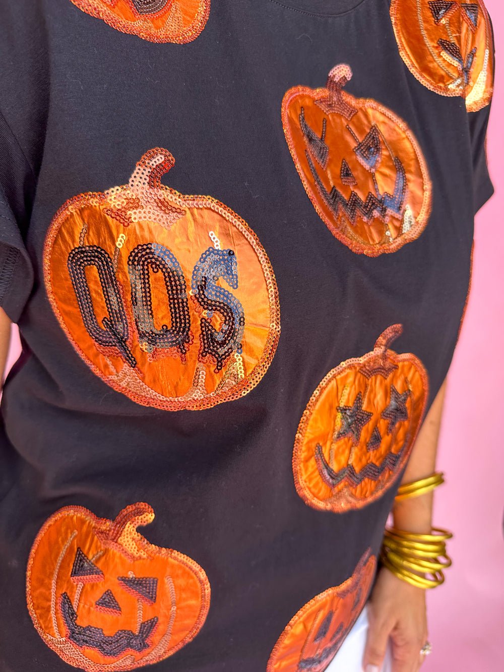 QUEEN OF SPARKLES | Black & Orange Metallic Pumpkin Tee