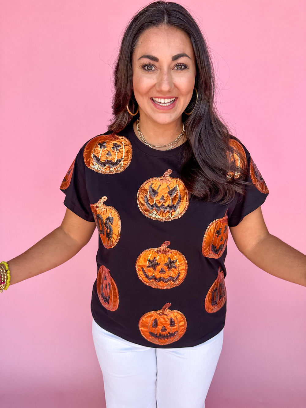 QUEEN OF SPARKLES | Black & Orange Metallic Pumpkin Tee