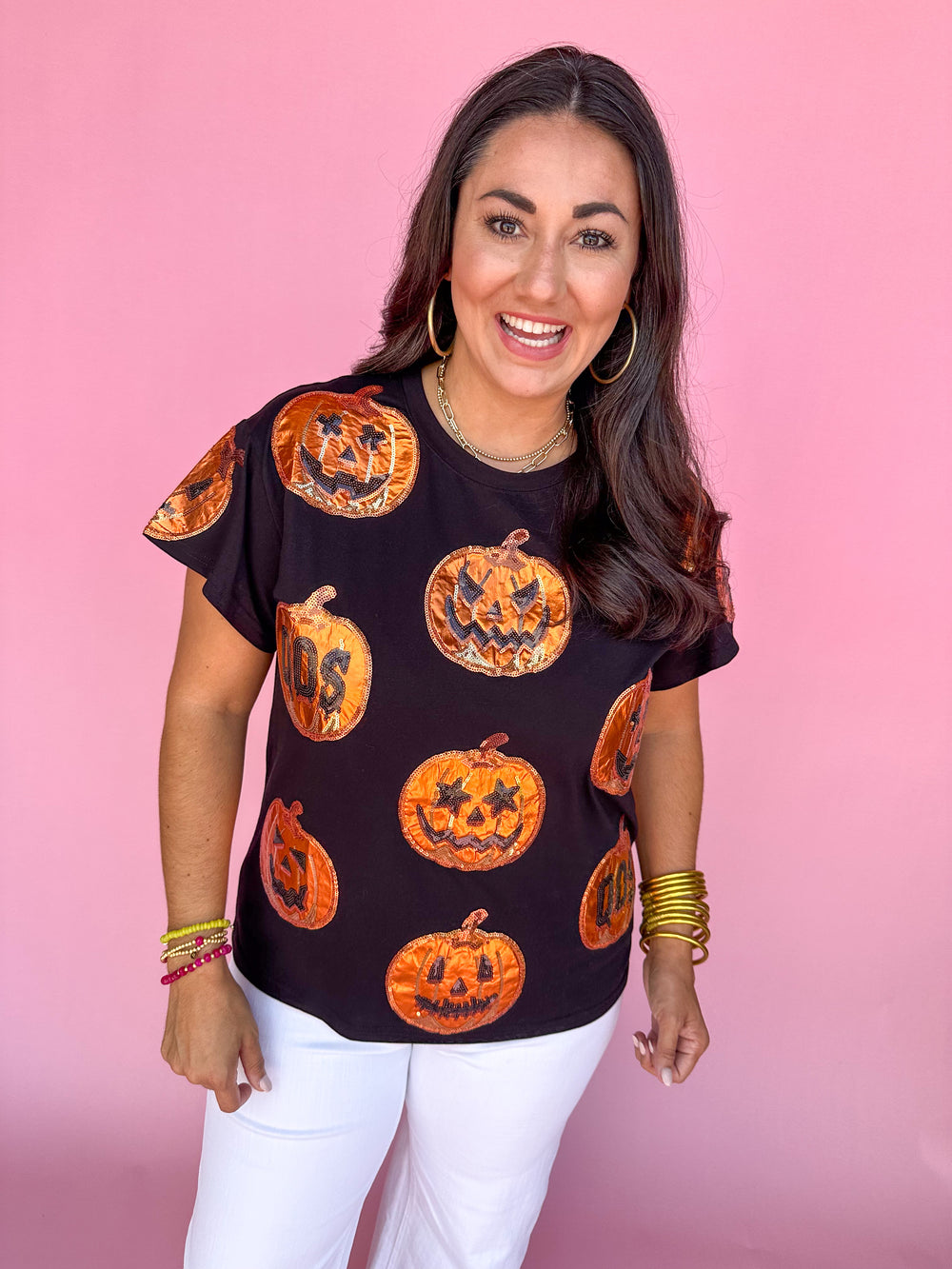 QUEEN OF SPARKLES | Black & Orange Metallic Pumpkin Tee