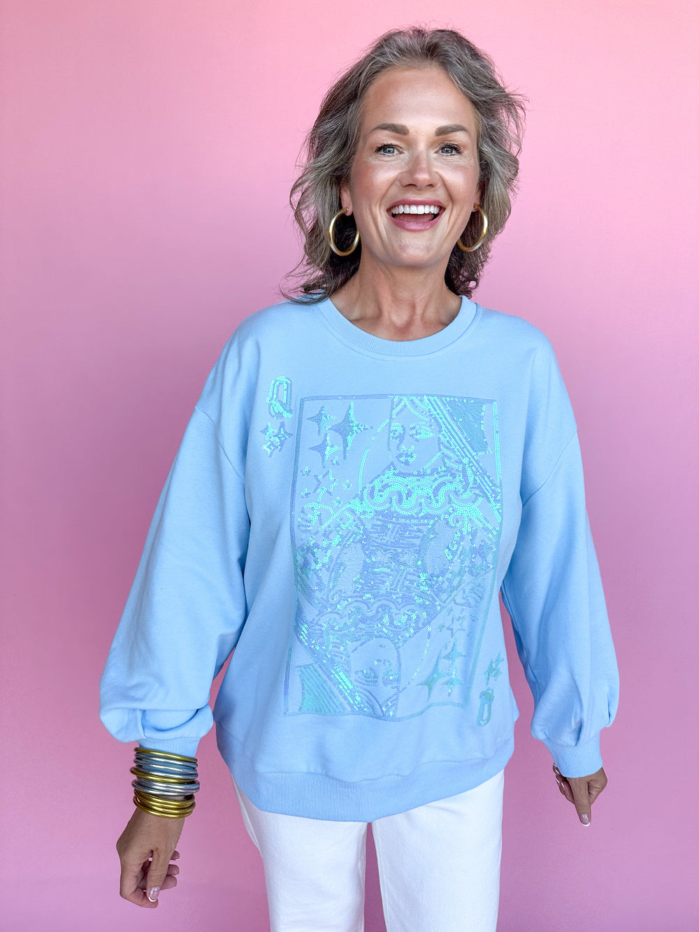 QUEEN OF SPARKLES | Light Blue Tonal QOS Logo Sweatshirt