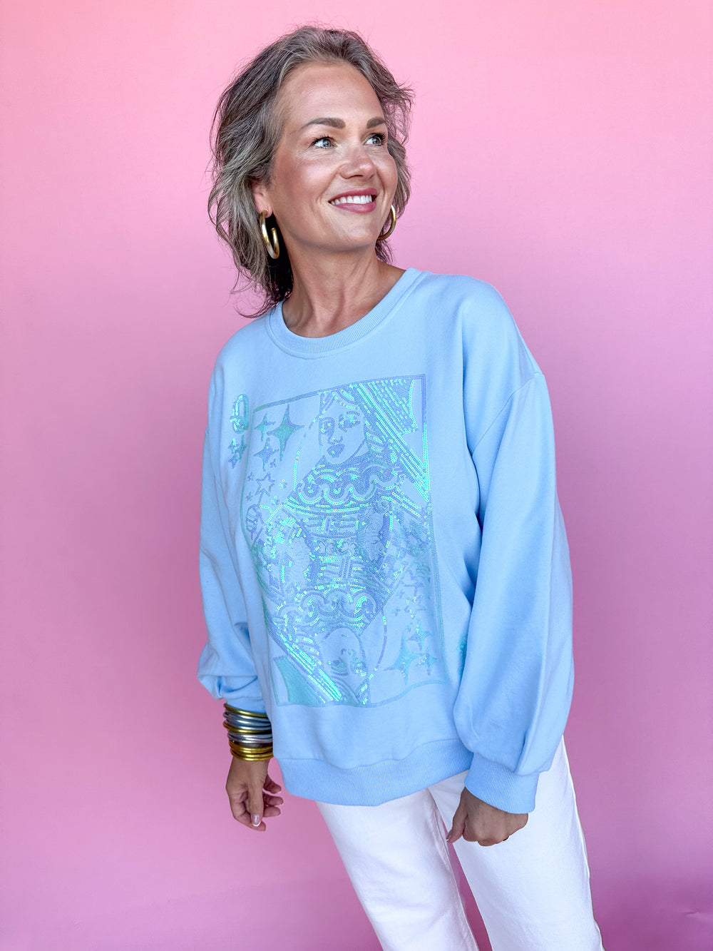 QUEEN OF SPARKLES | Light Blue Tonal QOS Logo Sweatshirt