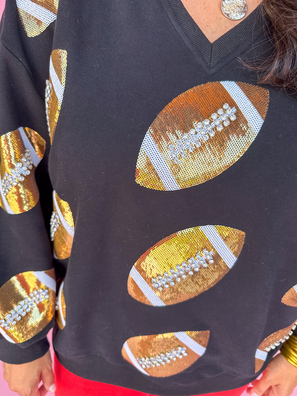 QUEEN OF SPARKLES | Black & Gold Rhinestone Lace Football Sweatshirt