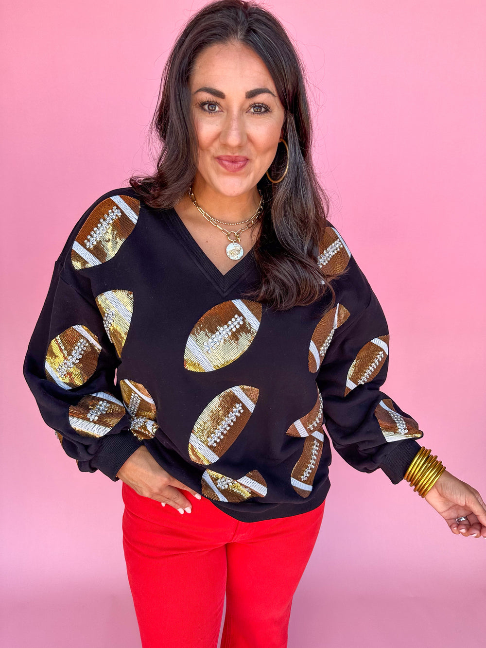 QUEEN OF SPARKLES | Black & Gold Rhinestone Lace Football Sweatshirt