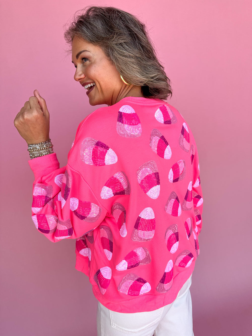 QUEEN OF SPARKLES | Neon Pink Candy Corn Sweatshirt