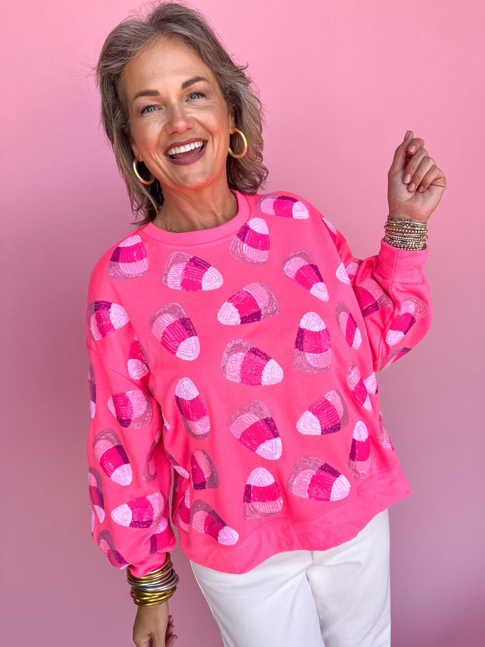 QUEEN OF SPARKLES | Neon Pink Candy Corn Sweatshirt