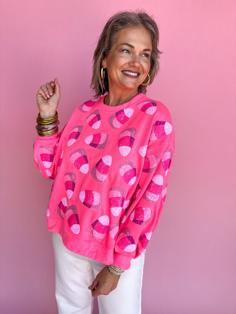 QUEEN OF SPARKLES | Neon Pink Candy Corn Sweatshirt