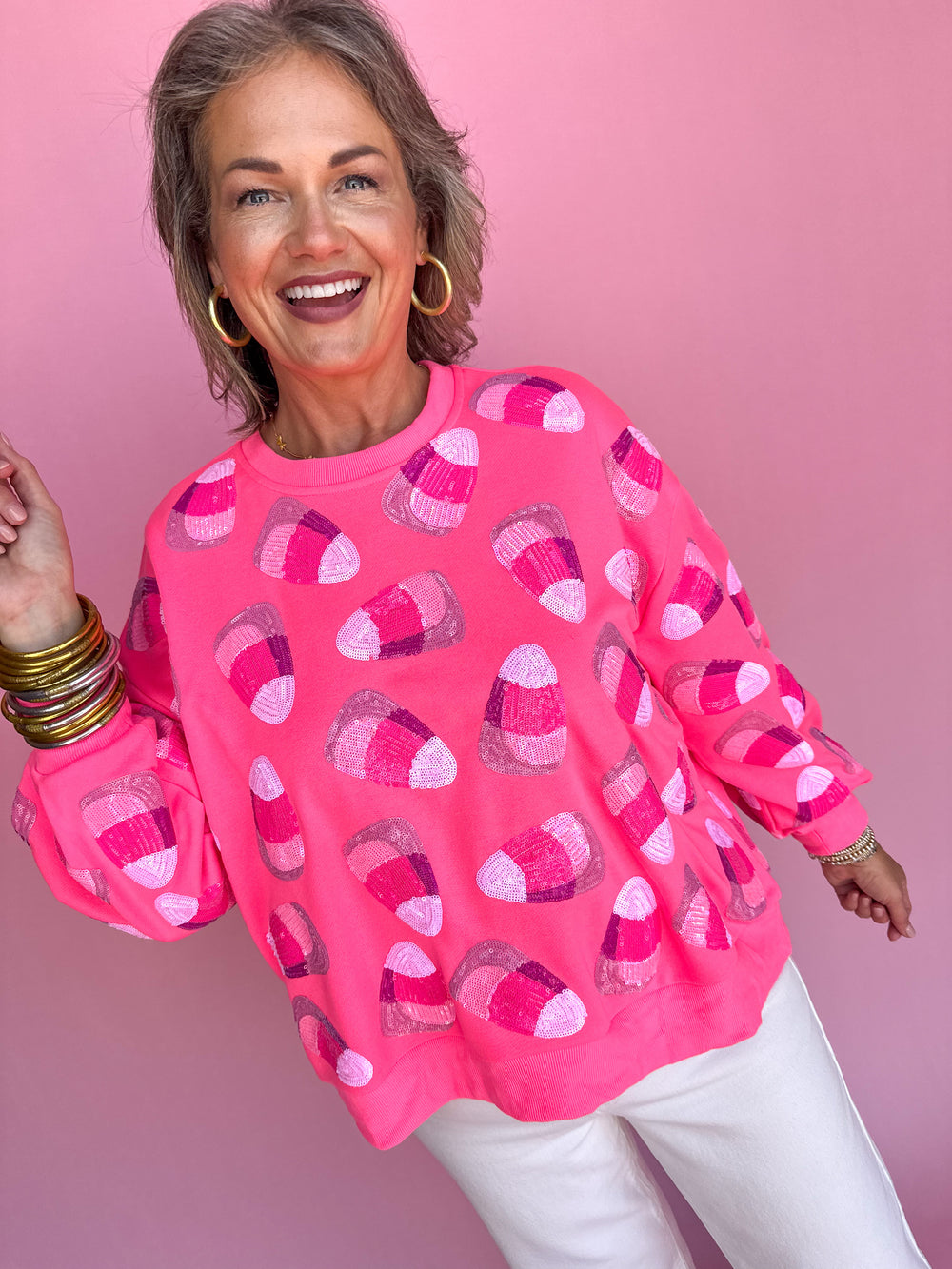 QUEEN OF SPARKLES | Neon Pink Candy Corn Sweatshirt