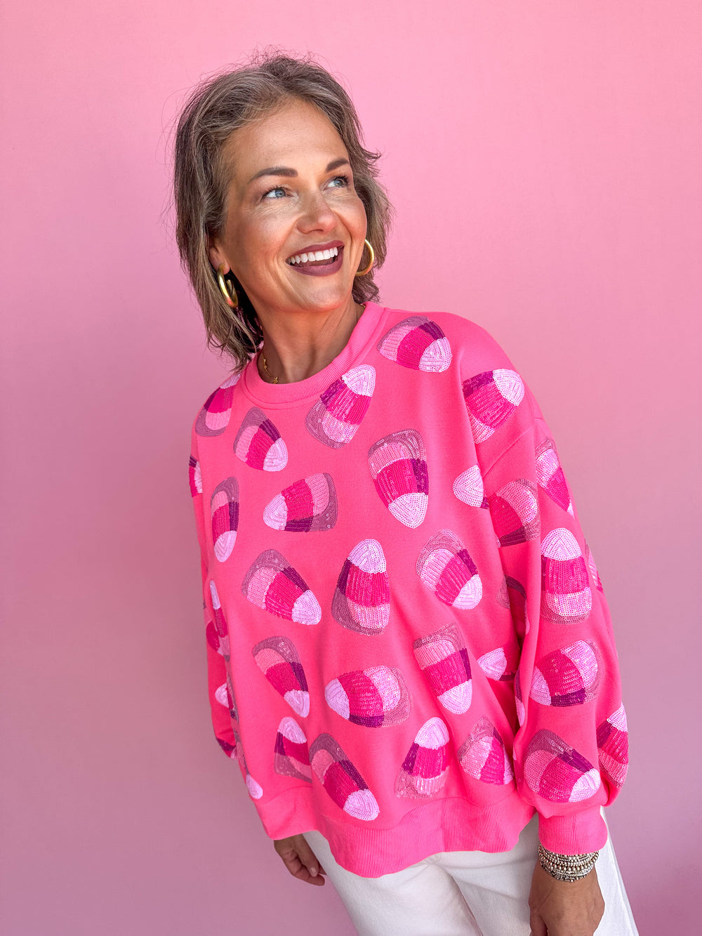 QUEEN OF SPARKLES | Neon Pink Candy Corn Sweatshirt