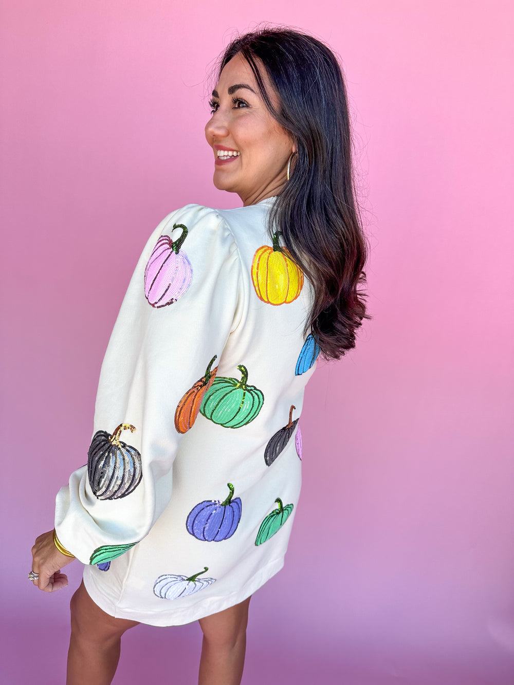 QUEEN OF SPARKLES | Beige Multi Pumpkin Sweatshirt Dress