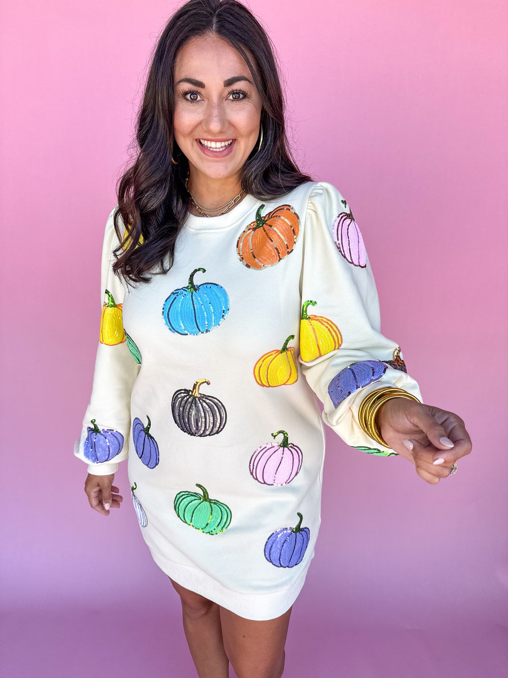 QUEEN OF SPARKLES | Beige Multi Pumpkin Sweatshirt Dress