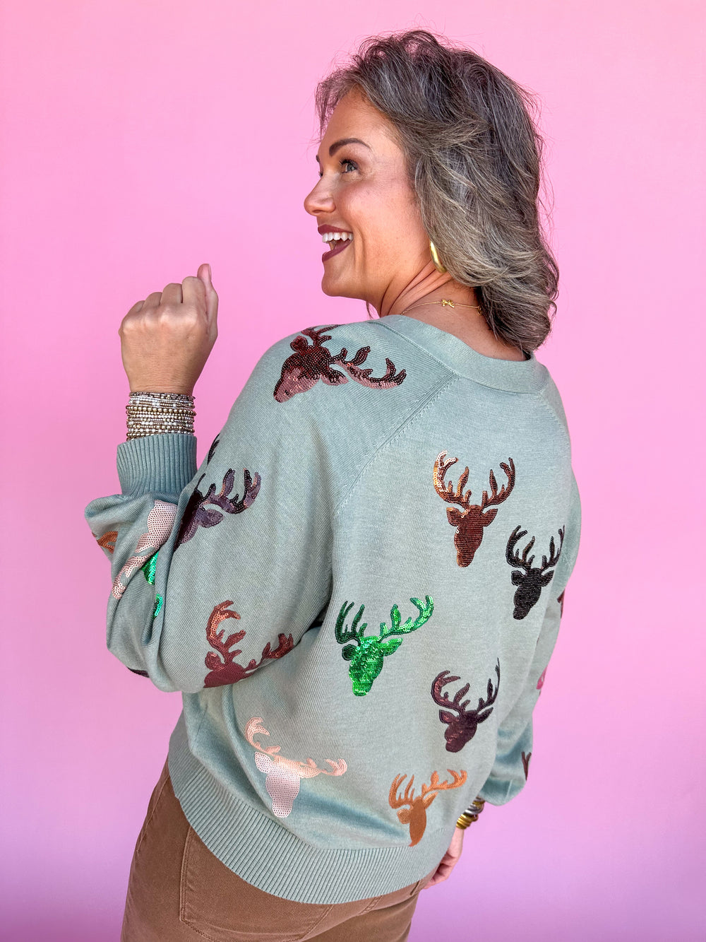 QUEEN OF SPARKLES | Mint Scattered Deer Cardigan