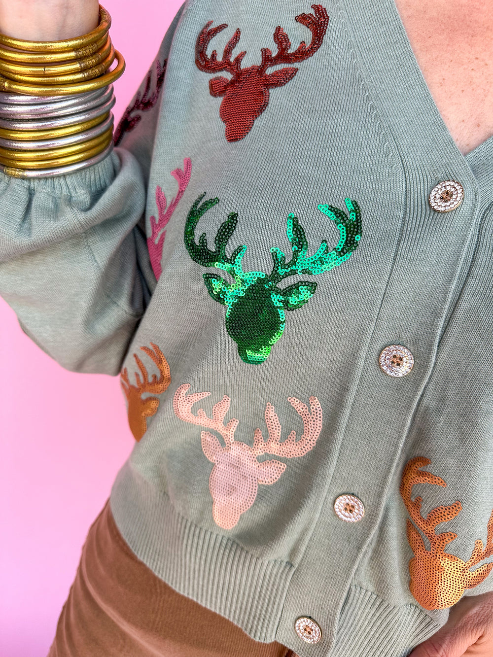 QUEEN OF SPARKLES | Mint Scattered Deer Cardigan