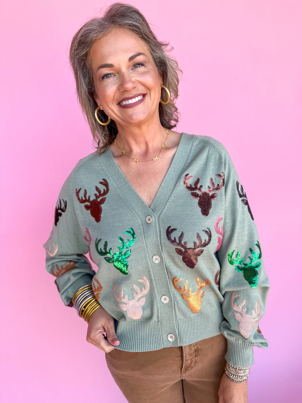 QUEEN OF SPARKLES | Mint Scattered Deer Cardigan