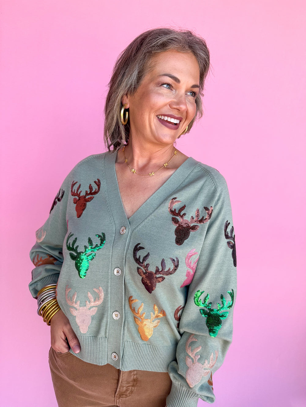 QUEEN OF SPARKLES | Mint Scattered Deer Cardigan