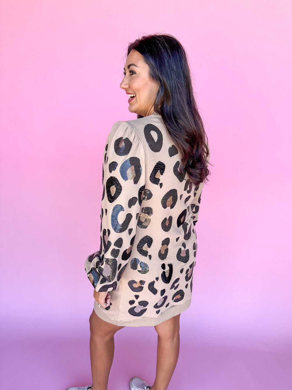 QUEEN OF SPARKLES  | Leopard Sweatshirt Dress - Tan, Black, Brown, Beaded, & Sequined