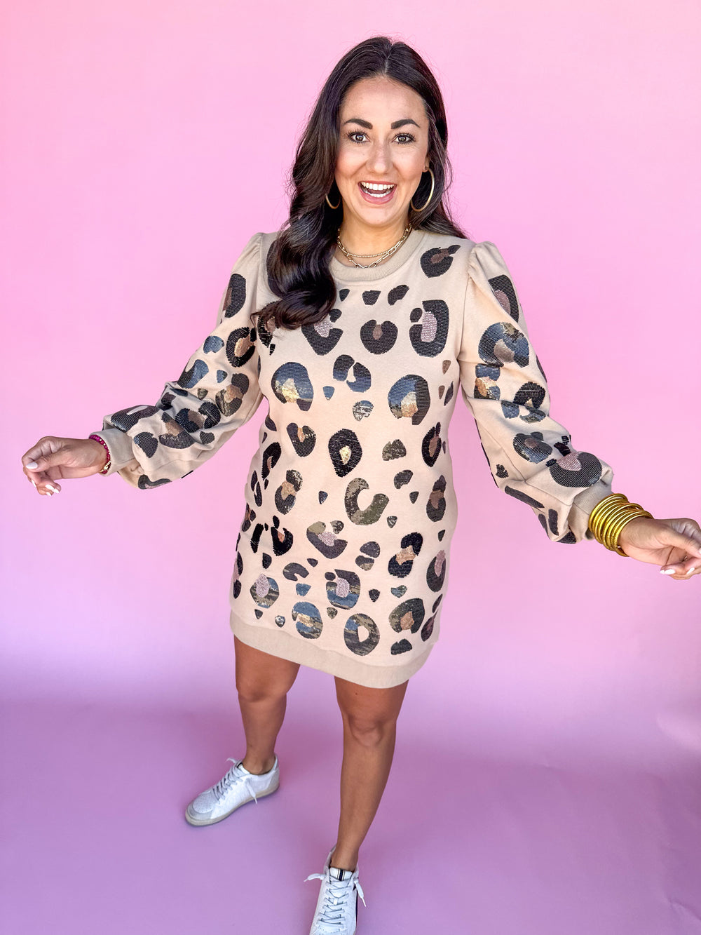 QUEEN OF SPARKLES  | Leopard Sweatshirt Dress - Tan, Black, Brown, Beaded, & Sequined