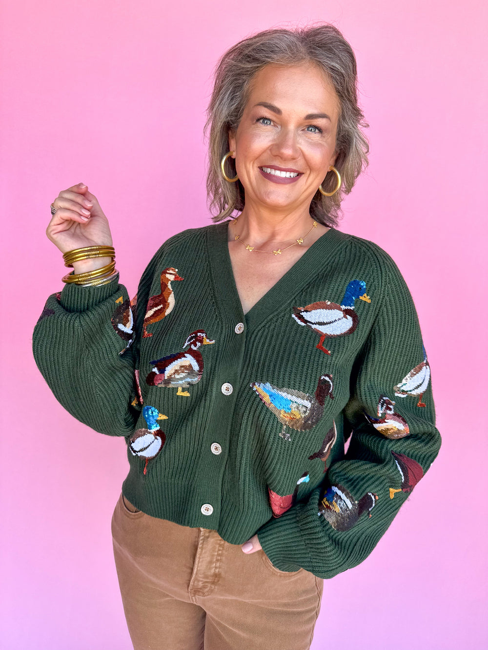 QUEEN OF SPARKLES | Dark Green Scattered Duck Cardigan