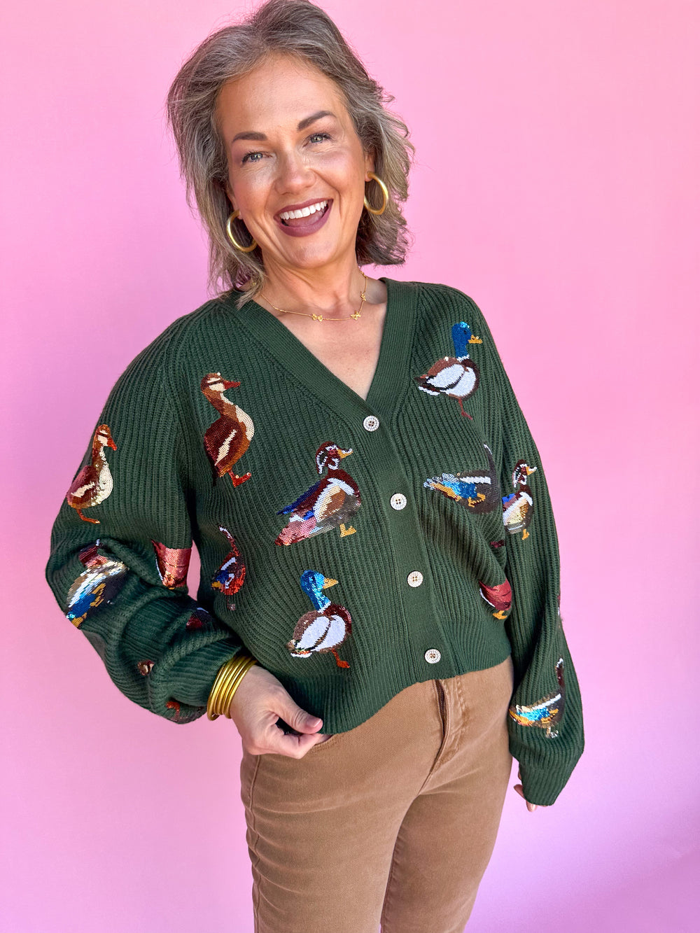 QUEEN OF SPARKLES | Dark Green Scattered Duck Cardigan