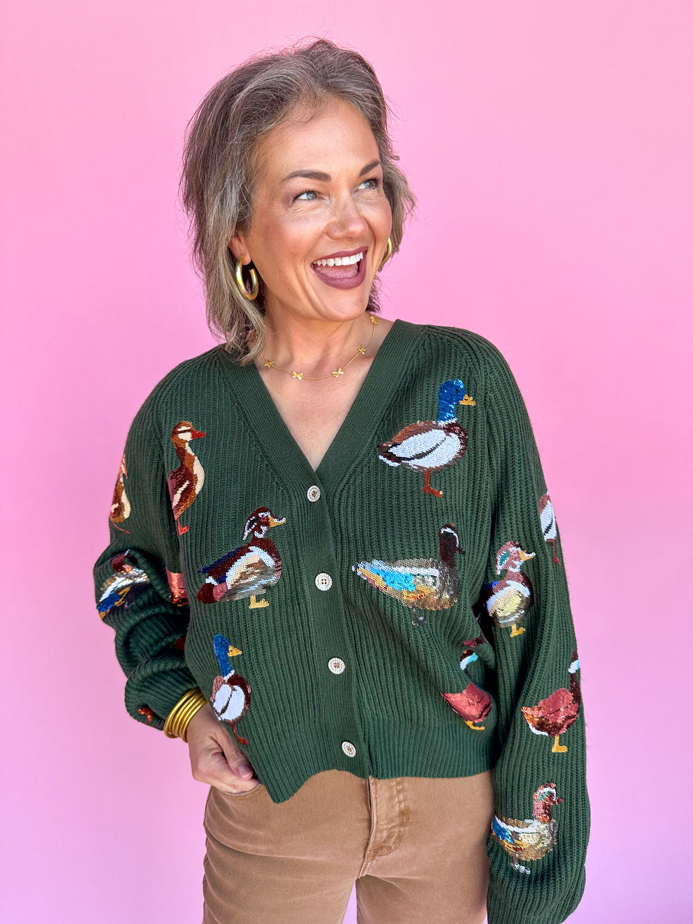 QUEEN OF SPARKLES | Dark Green Scattered Duck Cardigan