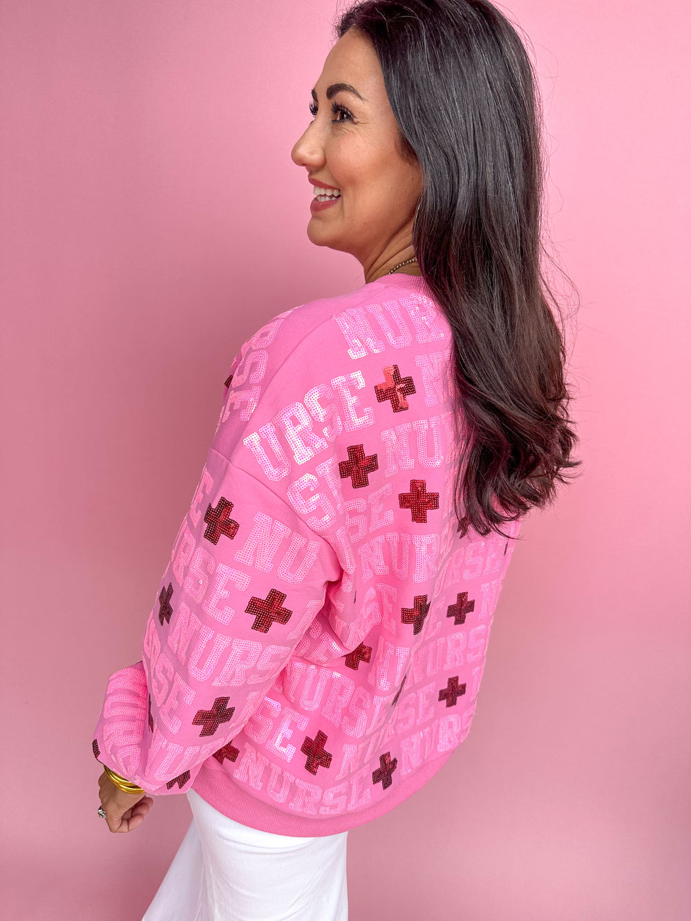 QUEEN OF SPARKLES | Pink Nurse All Over Sweatshirt