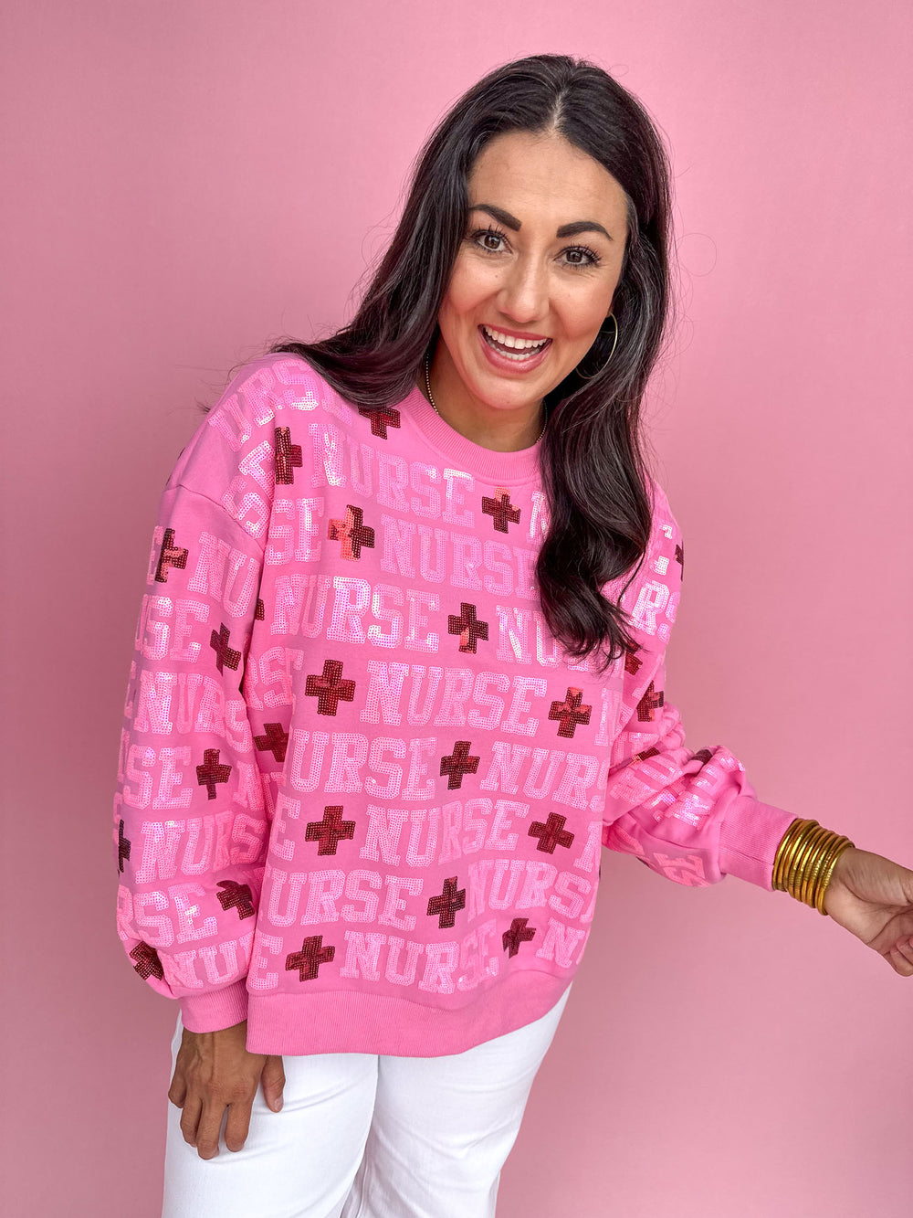 QUEEN OF SPARKLES | Pink Nurse All Over Sweatshirt