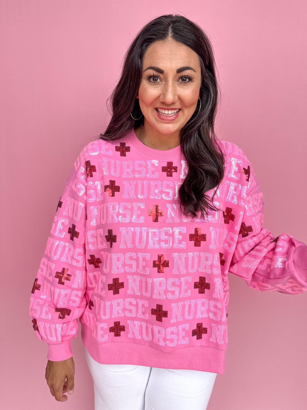 QUEEN OF SPARKLES | Pink Nurse All Over Sweatshirt