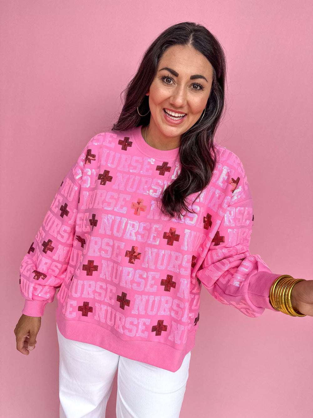 QUEEN OF SPARKLES | Pink Nurse All Over Sweatshirt