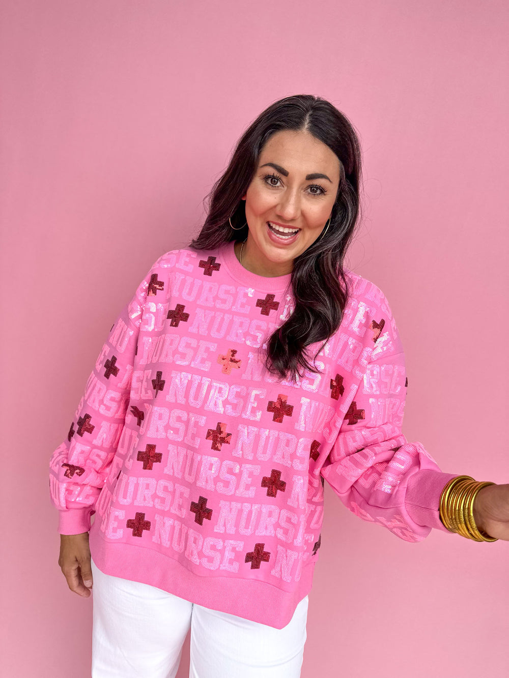 QUEEN OF SPARKLES | Pink Nurse All Over Sweatshirt