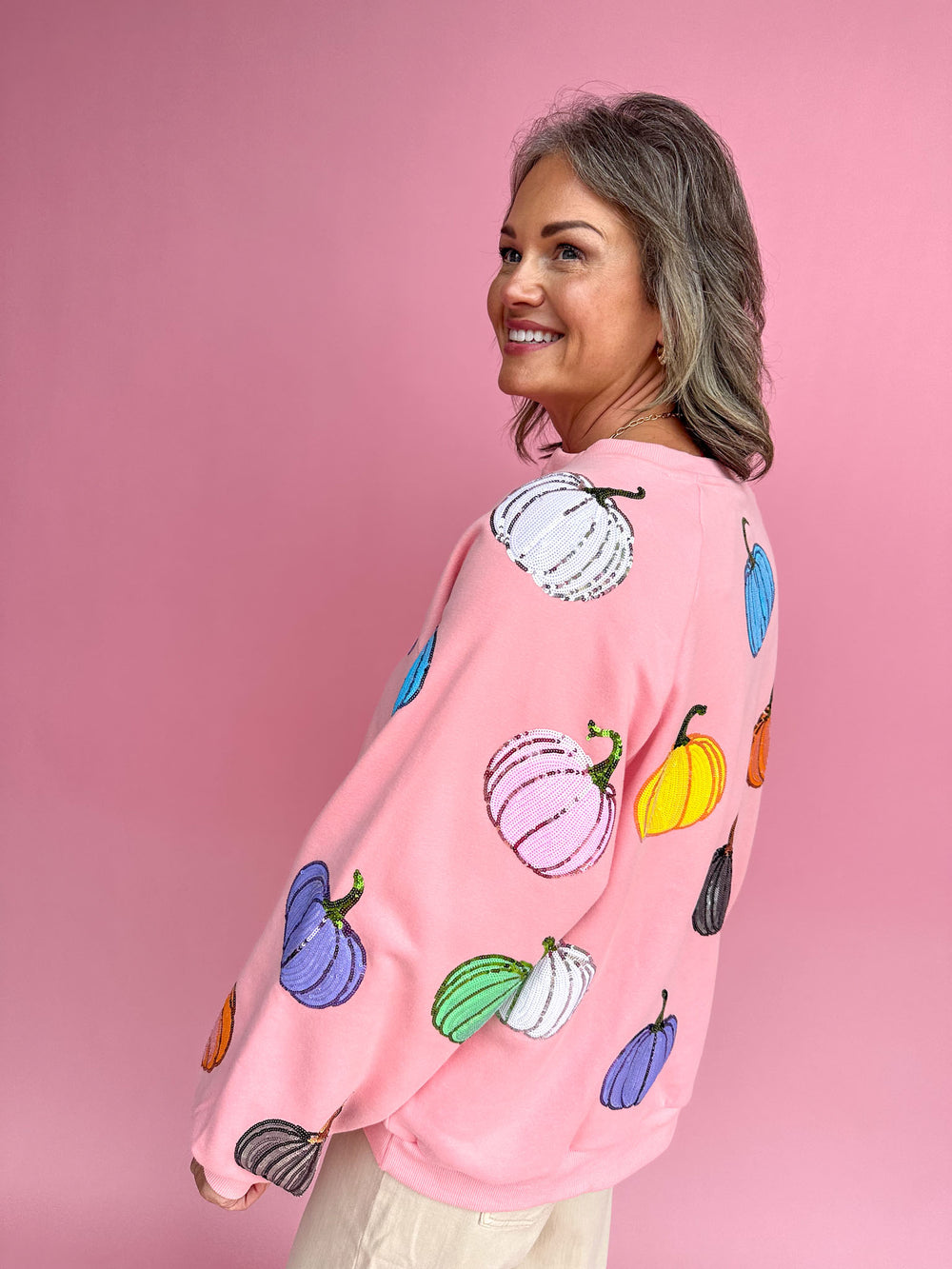 QUEEN OF SPARKLES | Pink Multi Pumpkin Sweatshirt