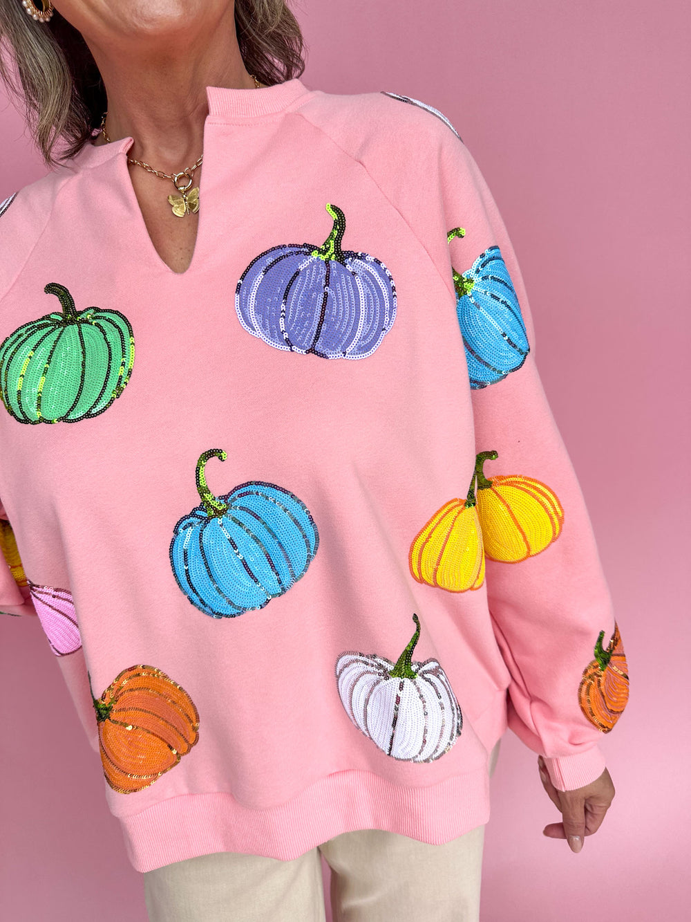 QUEEN OF SPARKLES | Pink Multi Pumpkin Sweatshirt