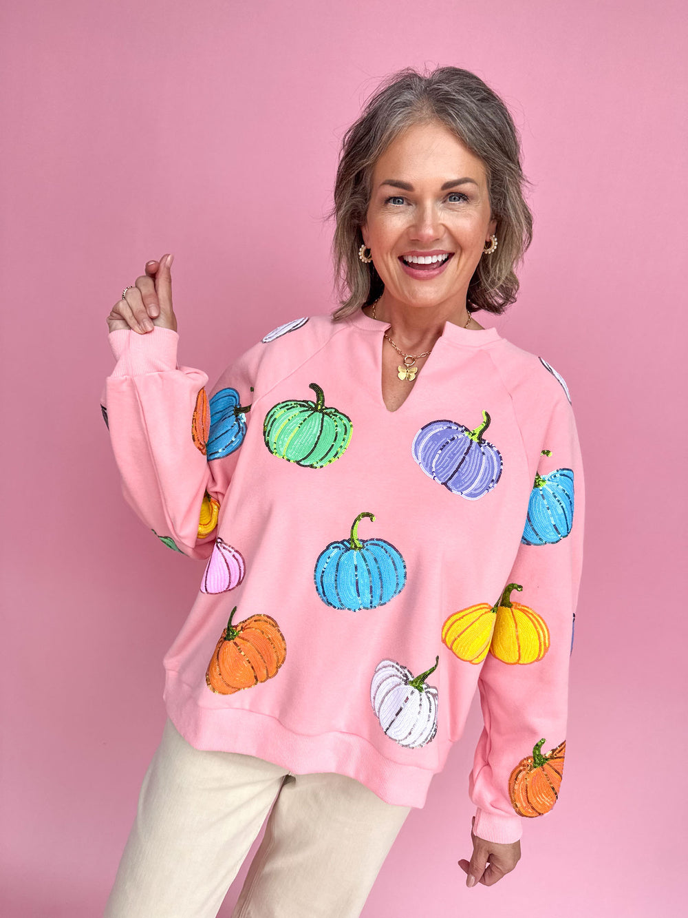 QUEEN OF SPARKLES | Pink Multi Pumpkin Sweatshirt