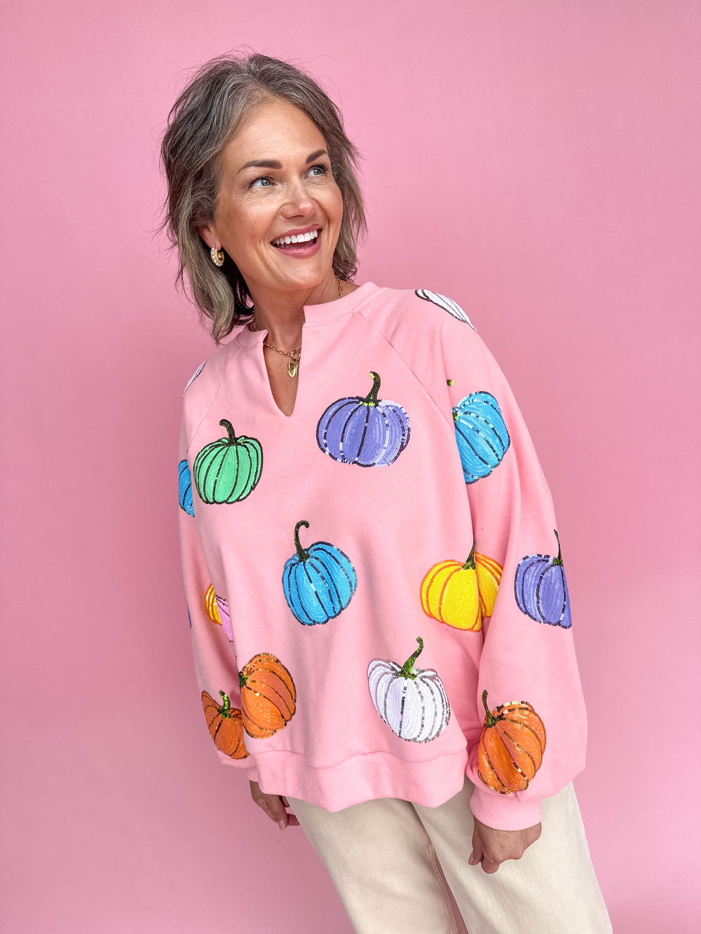 QUEEN OF SPARKLES | Pink Multi Pumpkin Sweatshirt